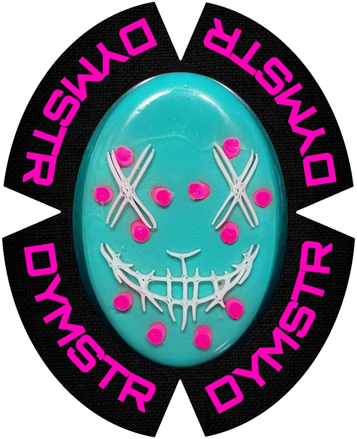 Türkiser Kunststoff Knieschleifer mit pinker DYMSTR Schrift auf dem Klett. Ein weißes Nail Face mit pinken Titan Stäben. Dieser Knieschleifer macht Sparky Funken beim Schleifen auf der Straße.