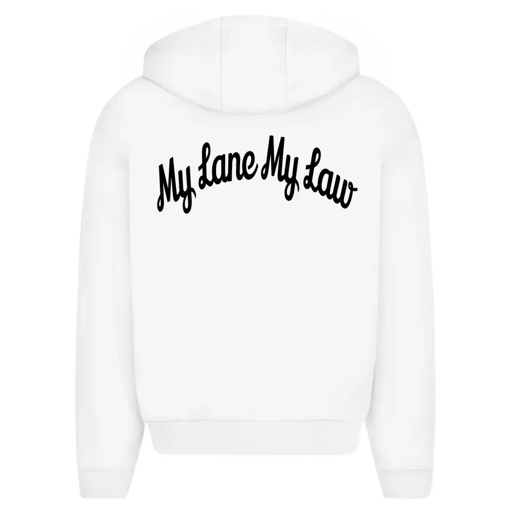 Weiß Oversized Zipper Hoodie für Motorradfahrer Knieschleifer mit Reißverschluss. Vorne „DYMSTR“ Aufdruck und hinten großes „MY LANE MY LAW“ Backprint. 