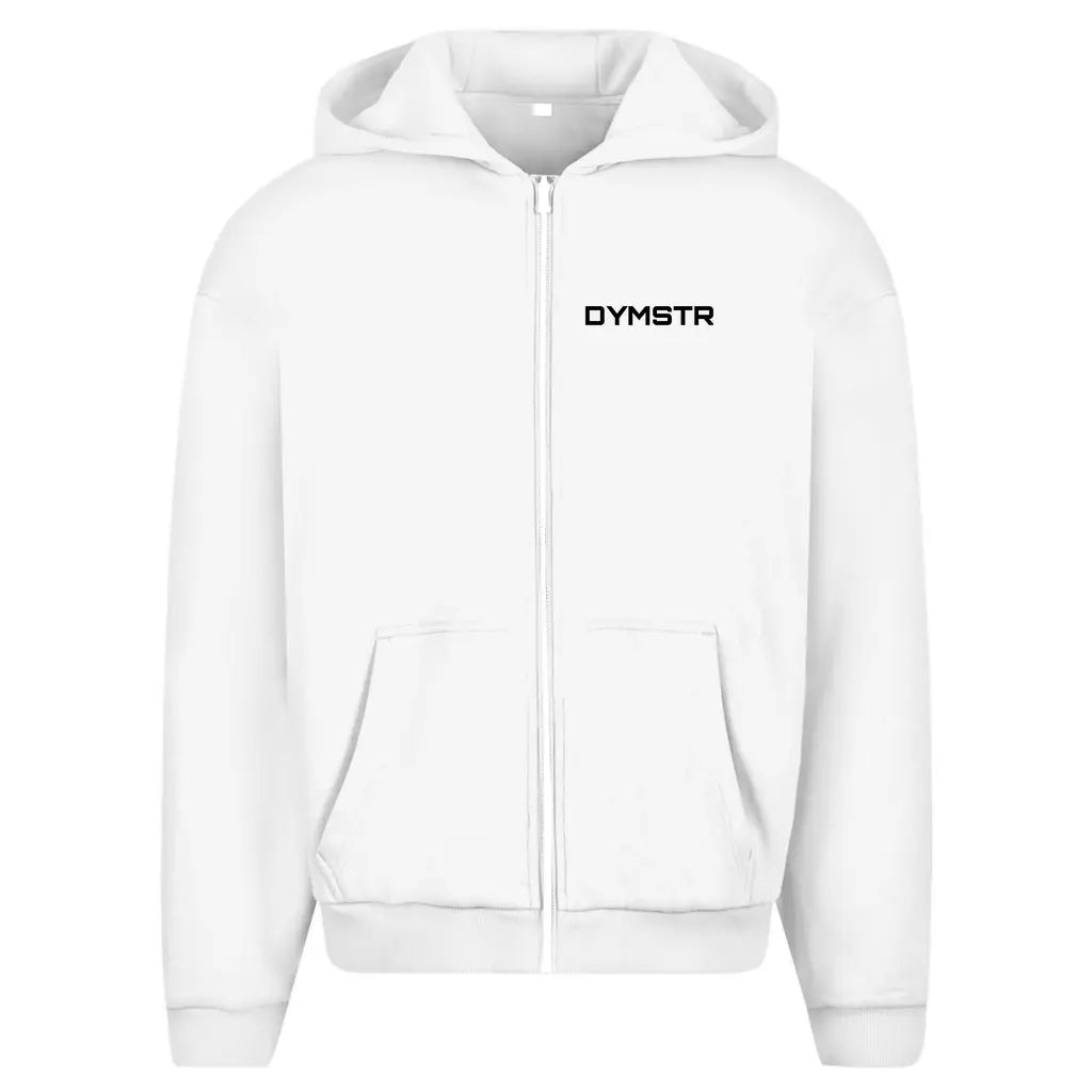 Weiß Oversized Zipper Hoodie für Motorradfahrer Knieschleifer mit Reißverschluss. Vorne „DYMSTR“ Aufdruck und hinten großes „MY LANE MY LAW“ Backprint. 