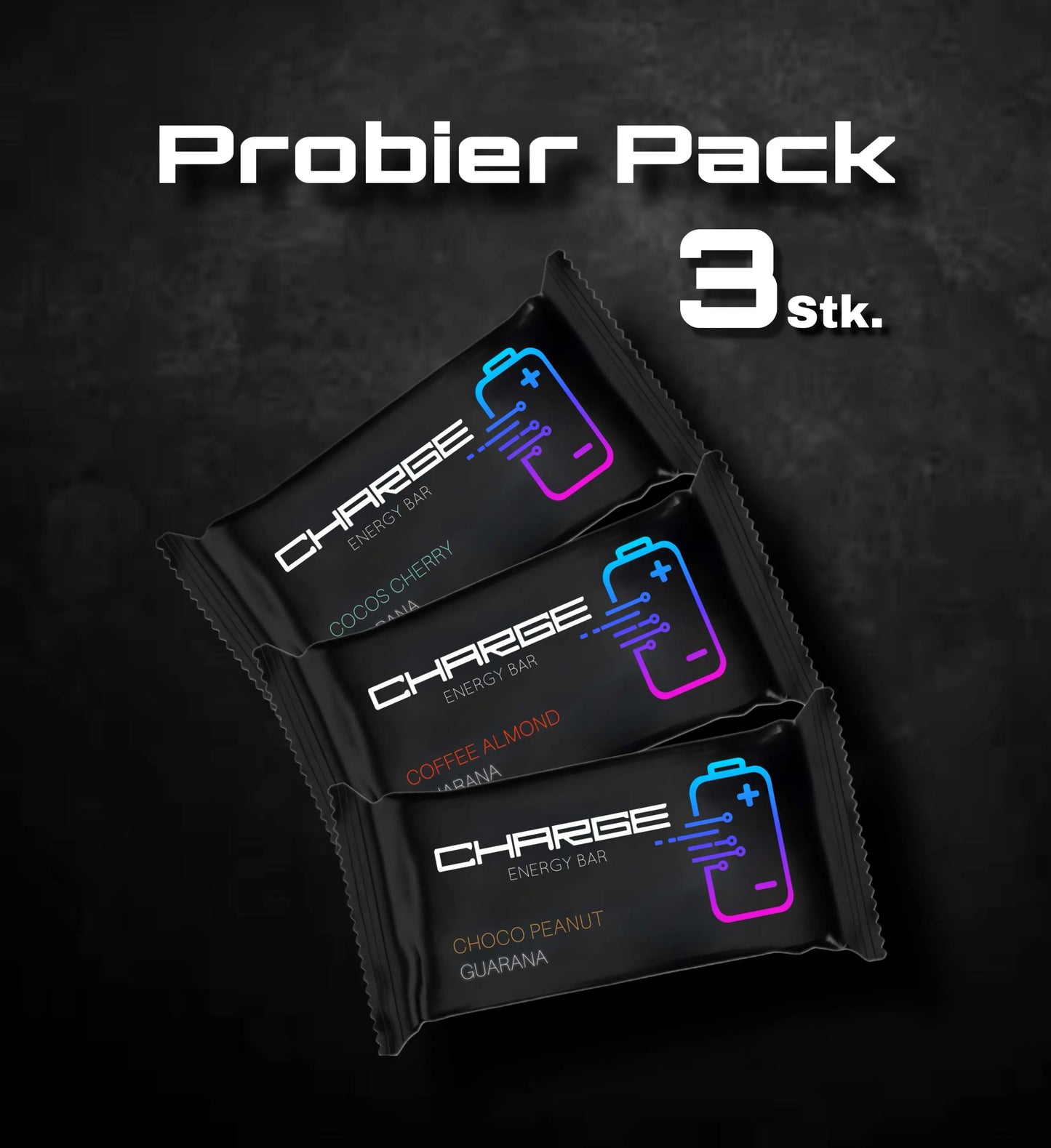 Charge Energy Bar Riegel für Unterwegs. Perfekt für Motorrad, Fahrrad, Rennrand, Wandern, Ski, Schule, Uni. Der leckere Snack mit Energie für Unterwegs. Schwarze Verpackung mit einer leuchtenden Batterie. Ein Probier Paket