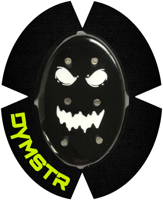 DymoStar / DYMSTR Knieschleifer / Kneeslider aus Kunststoff / plastic  schwarz / black und weiß / white das Logo im Schleifer ist ein böser smiley. Der Knieschleifer hat Titan Stifte für Funken / Sparky 