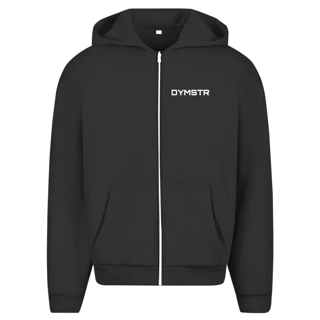 Schwarzer Oversized Zipper Hoodie für Motorradfahrer Knieschleifer mit Reißverschluss. Vorne „DYMSTR“ Aufdruck und hinten großes „MY LANE MY LAW“ Backprint. 