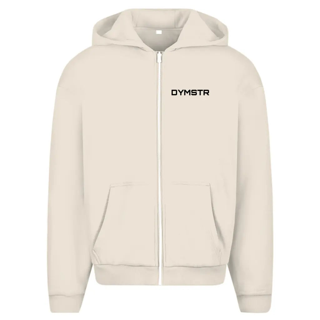 Creme Oversized Zipper Hoodie für Motorradfahrer Knieschleifer mit Reißverschluss. Vorne „DYMSTR“ Aufdruck und hinten großes „MY LANE MY LAW“ Backprint. 
