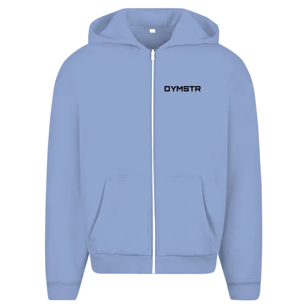 Hellblauer Oversized Zipper Hoodie für Motorradfahrer Knieschleifer mit Reißverschluss. Vorne „DYMSTR“ Aufdruck und hinten großes „MY LANE MY LAW“ Backprint. 
